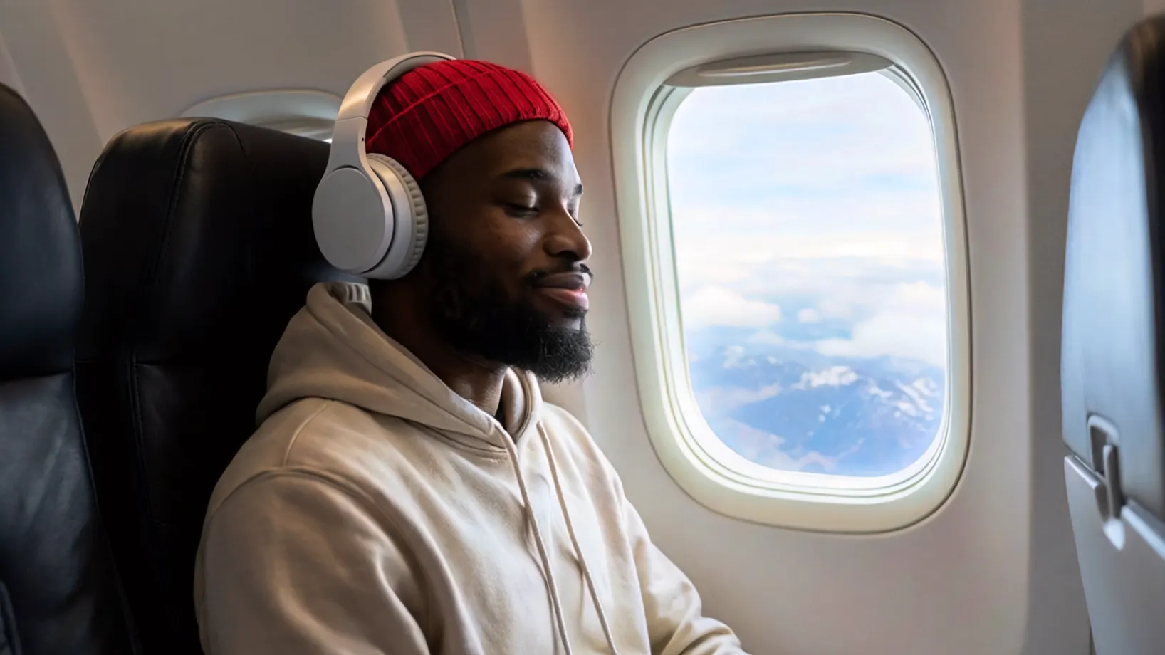 An airplane passenger listening to headphones