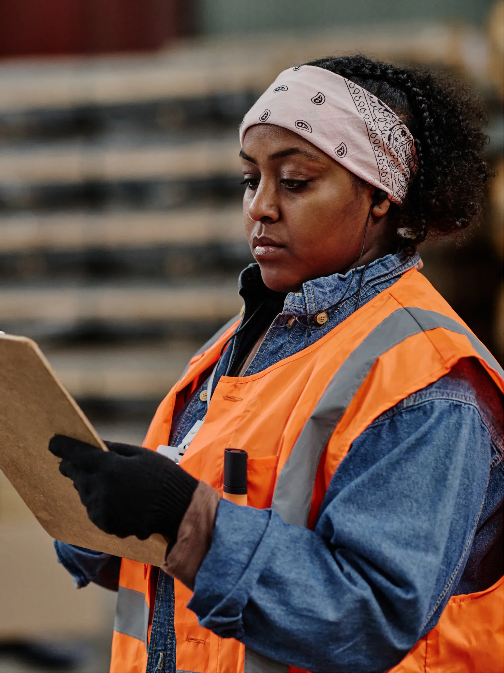 A worker reviewing a document