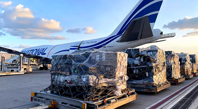 Cargo prepared to be loaded onto a plane.