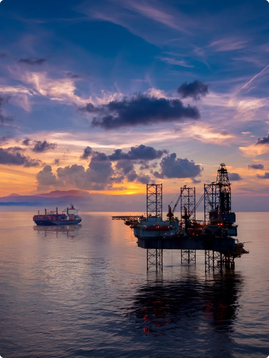 A ship in the water at dusk.