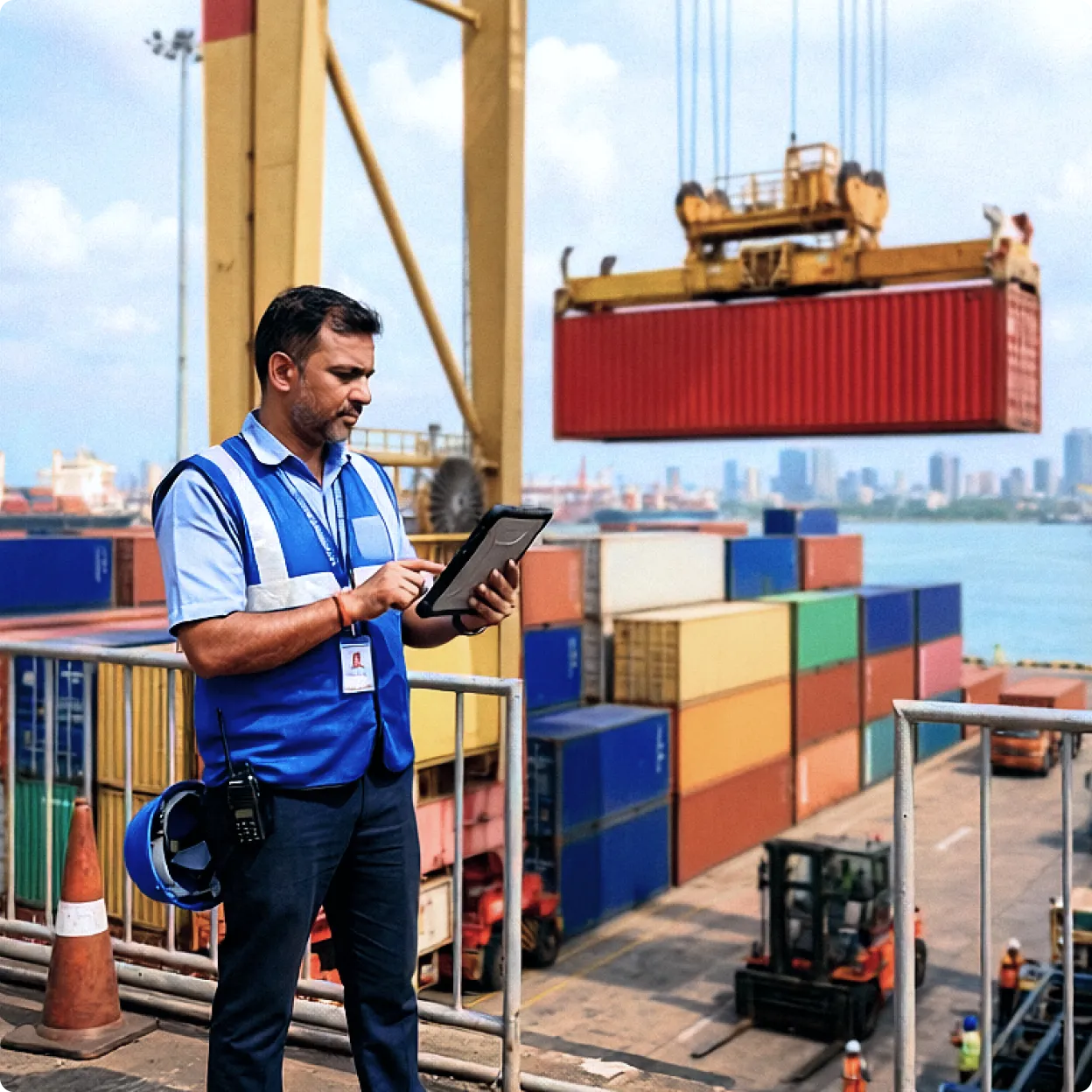 A person overseeing containers being loaded onto a ship.